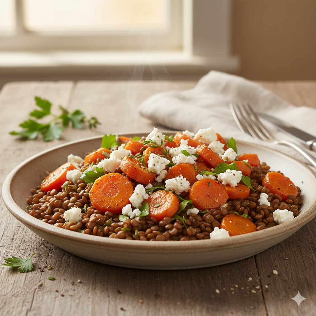 Salade tiède de lentilles, carotte rôtie & feta