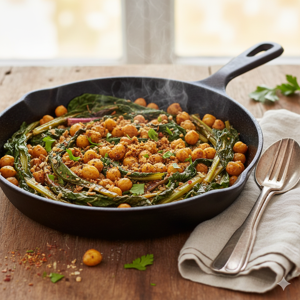 Poêlée de blettes crousti-pois chiches au cumin